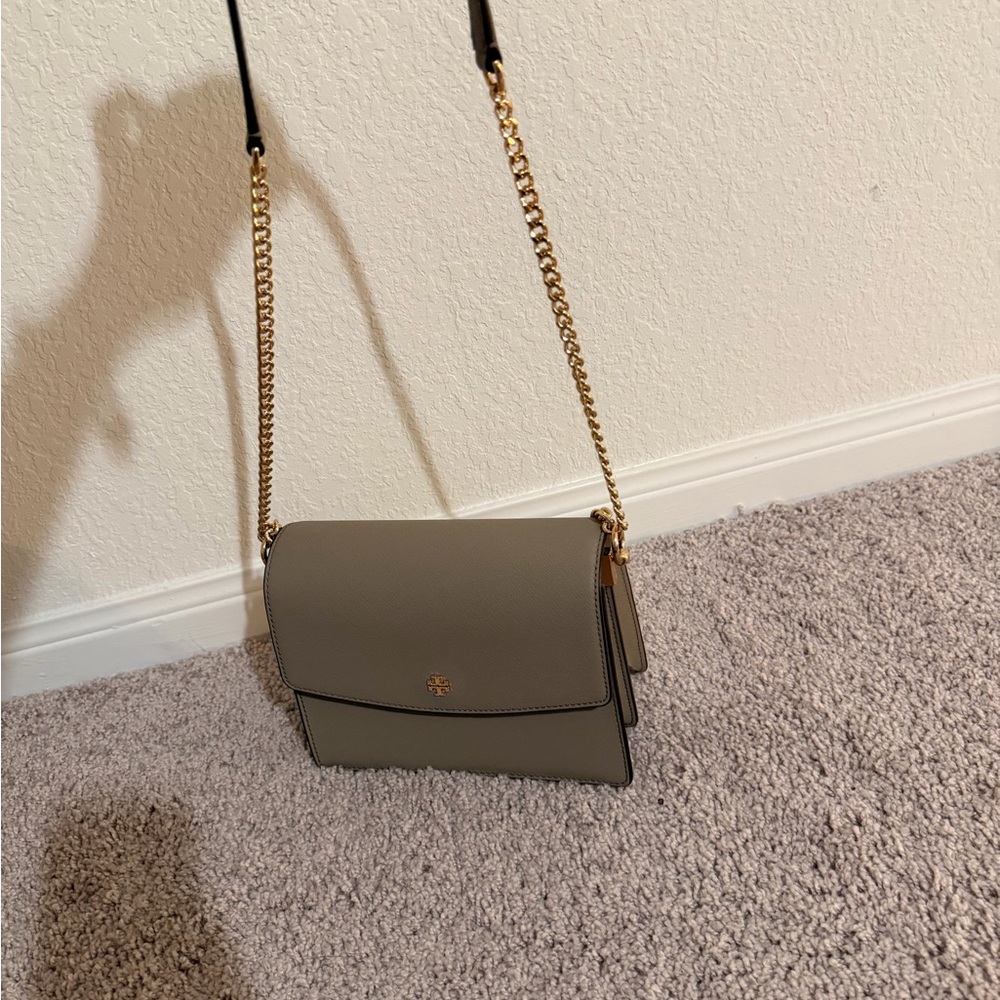 Tory Burch Gray Leather Chain-Shoulder Crossbody